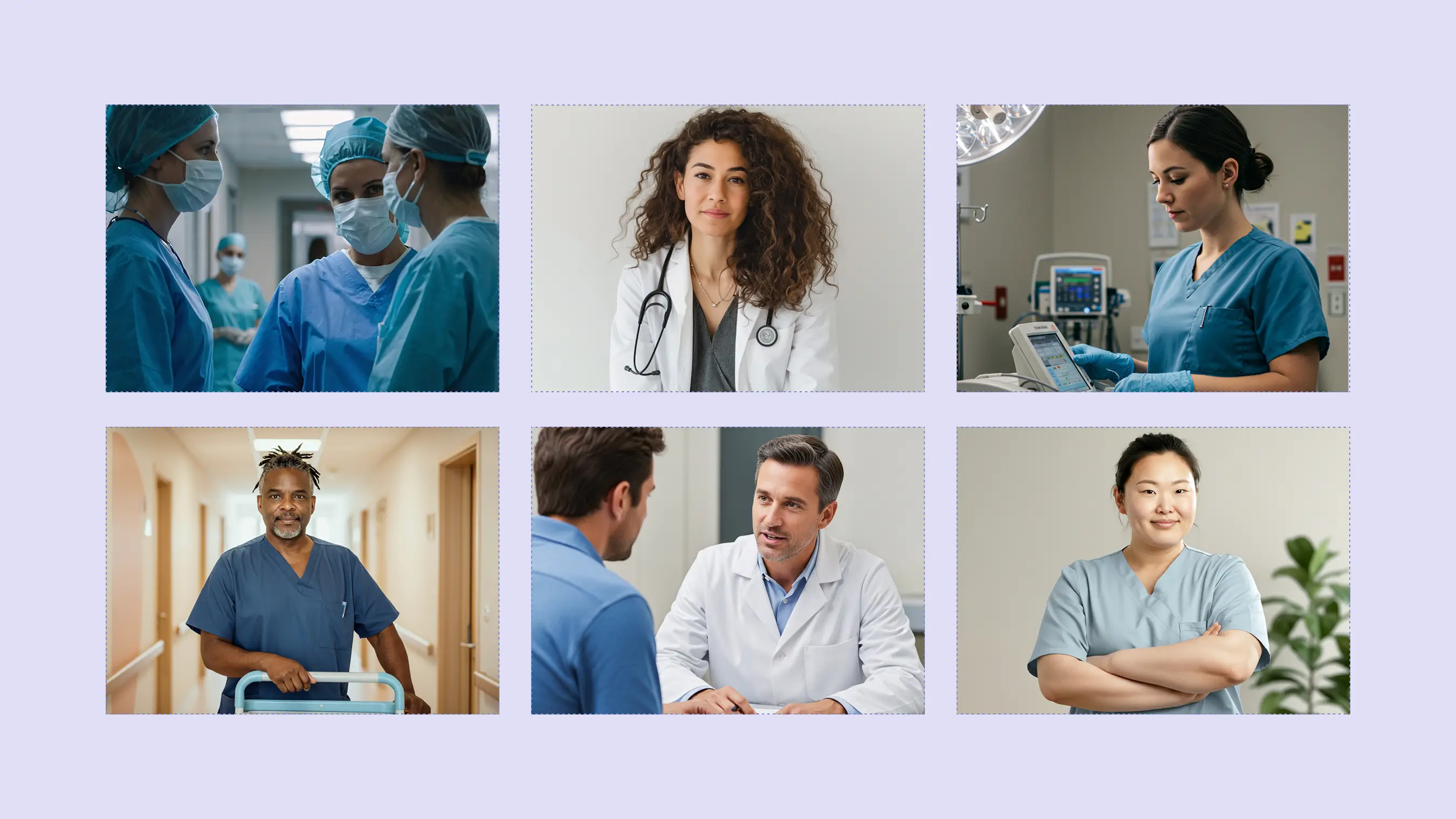 Photo grid of healthcare professionals, including nurses, doctors, and caregivers – representing different users of IoT health apps and the need for inclusive UX.