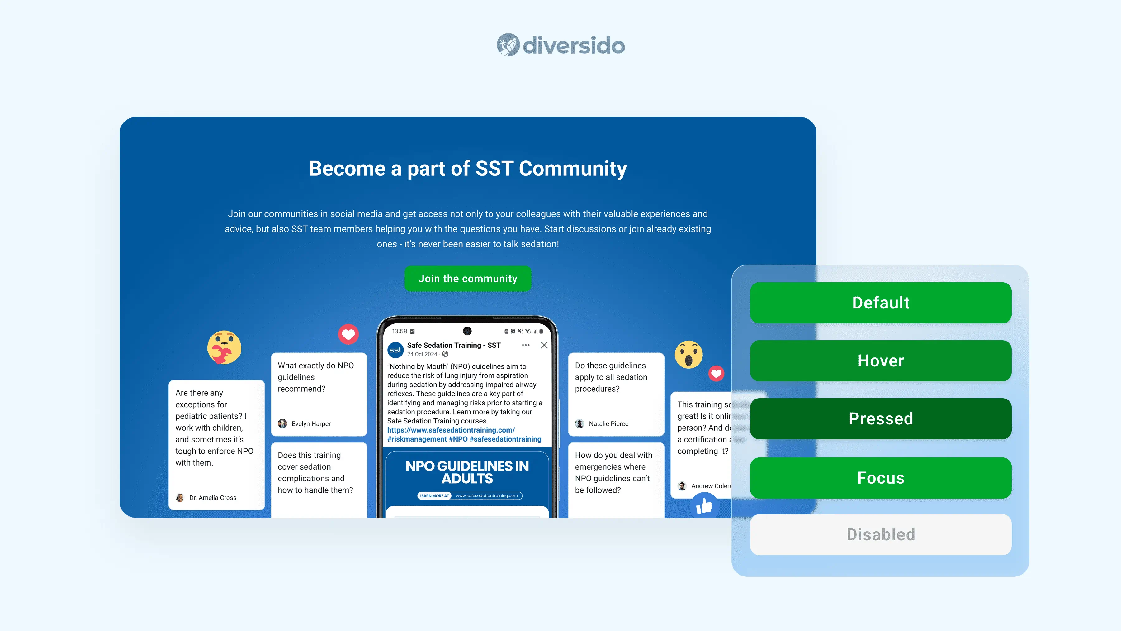 Responsive web and mobile UI of the SST medical training app, designed by Diversido with a calming blue palette and light-green call-to-action button for intuitive navigation.