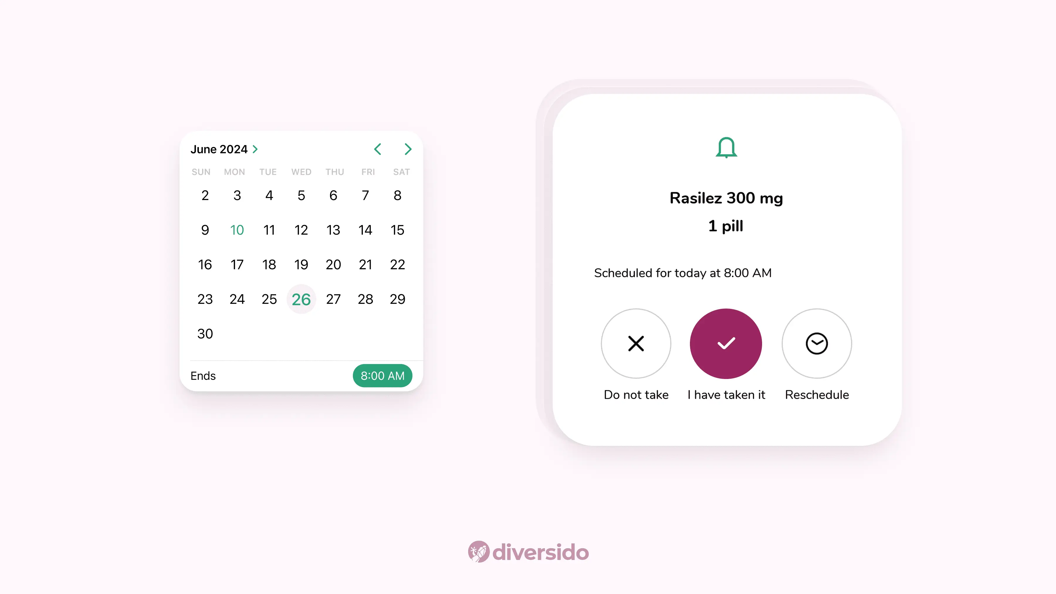 Medication tracking interface by Diversido, displaying accessible button options for taking, skipping, or rescheduling medication with clean, intuitive design.