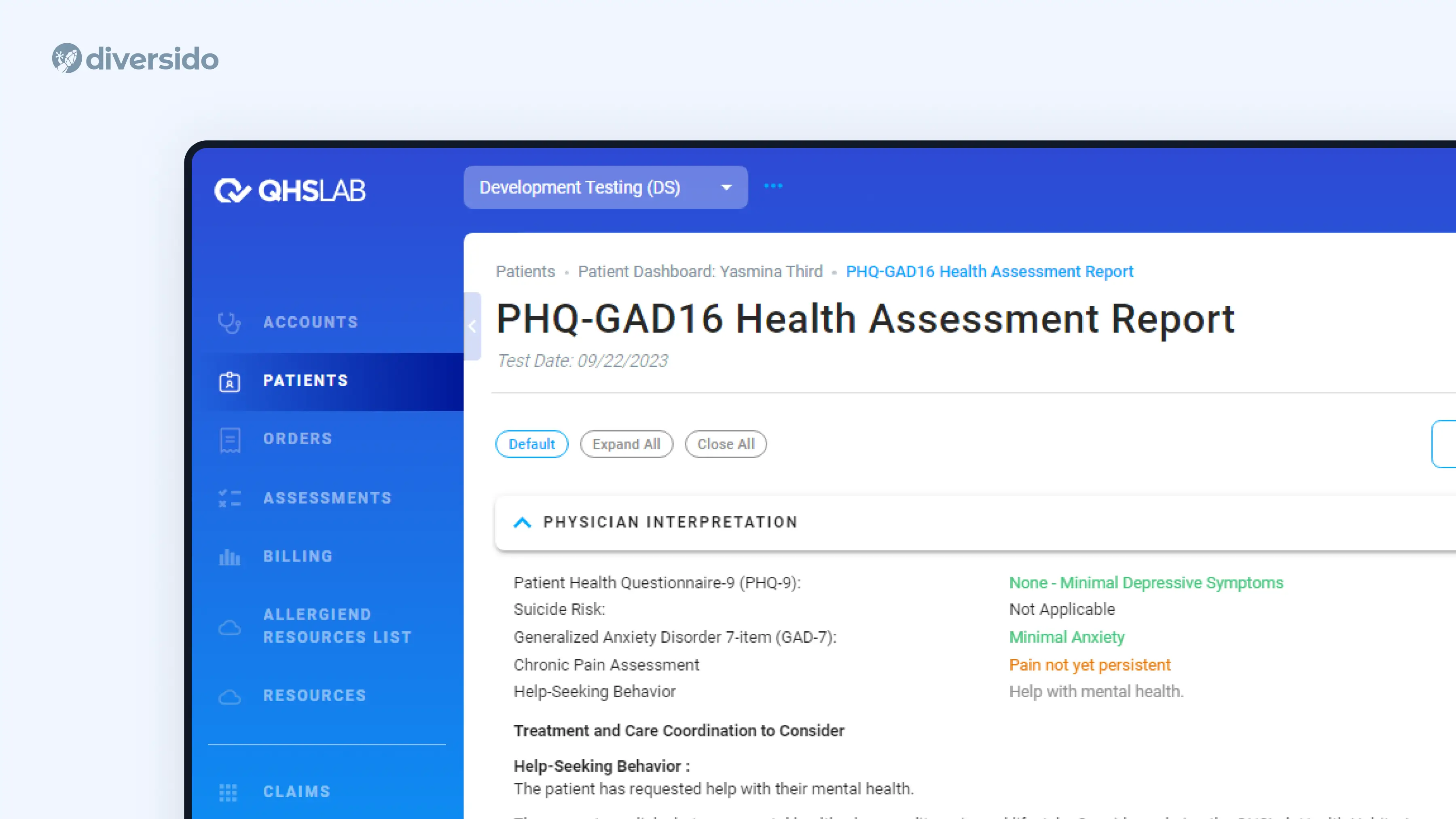 QHS Lab dashboard interface designed by Diversido, showing patient health assessment report with clear, structured navigation for medical professionals.