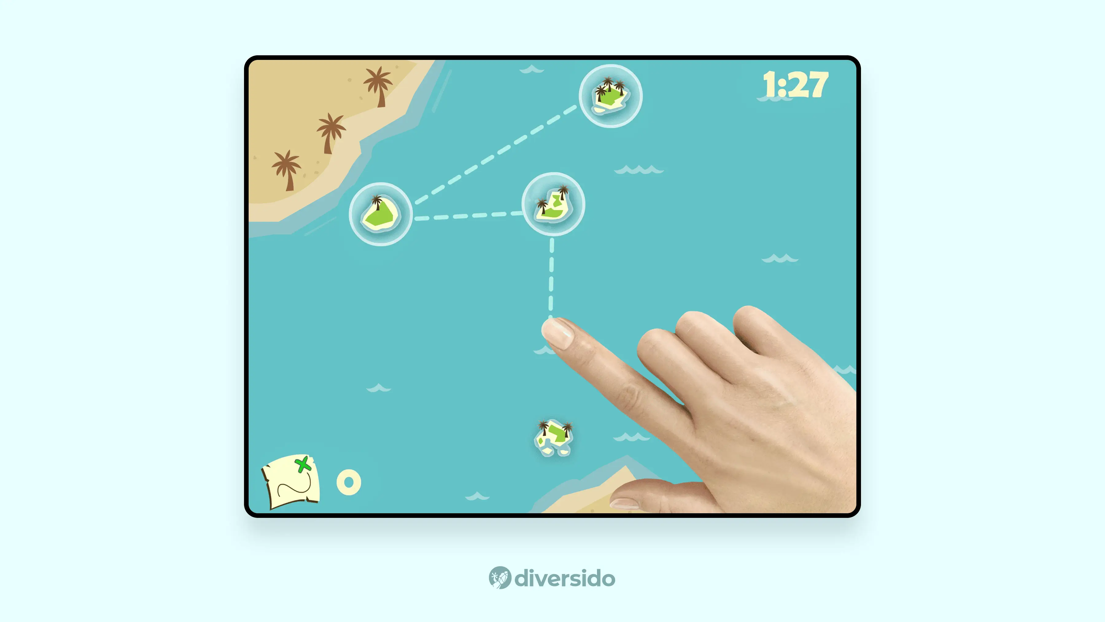 Interactive game-like interface from a brain health monitoring app by Diversido, with touch-based navigation on a calming ocean-themed map.