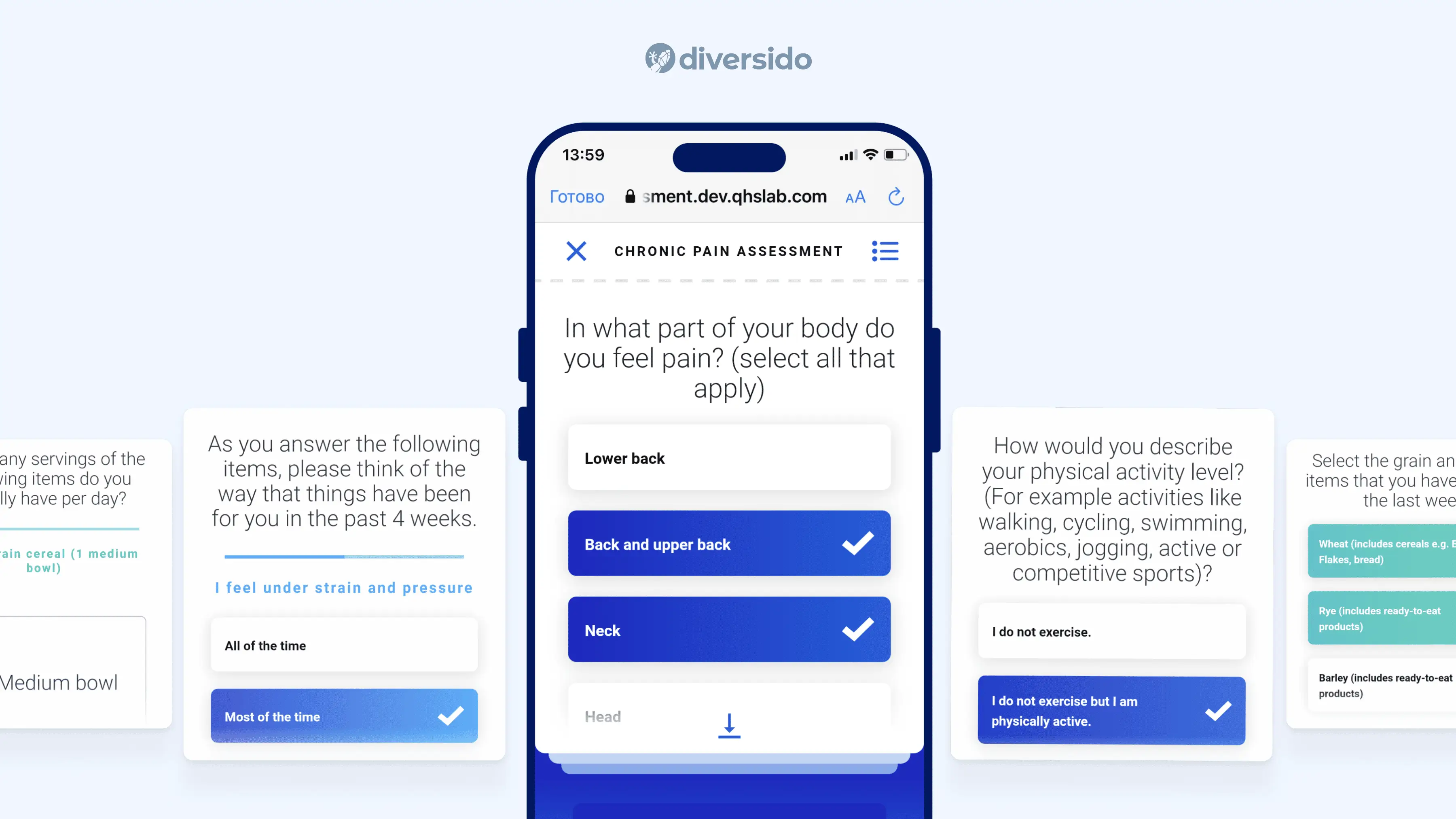 Mobile health assessment app interface by Diversido, featuring simple, reassuring language and a blue UI tone to support users through chronic pain surveys.