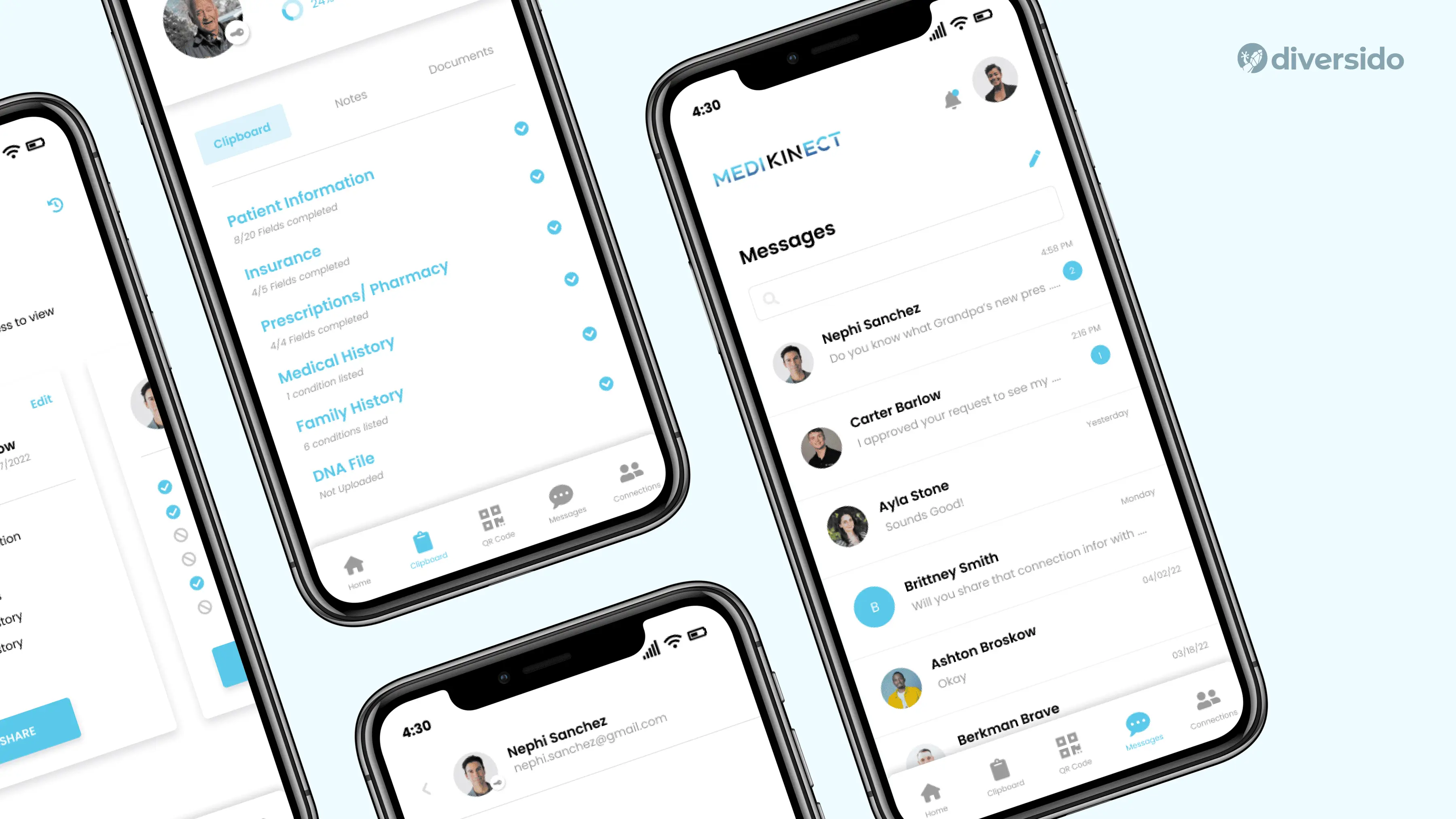 MediKinect mobile app screens designed by Diversido, highlighting accessible medical records and patient messaging with friendly, clear microcopy.