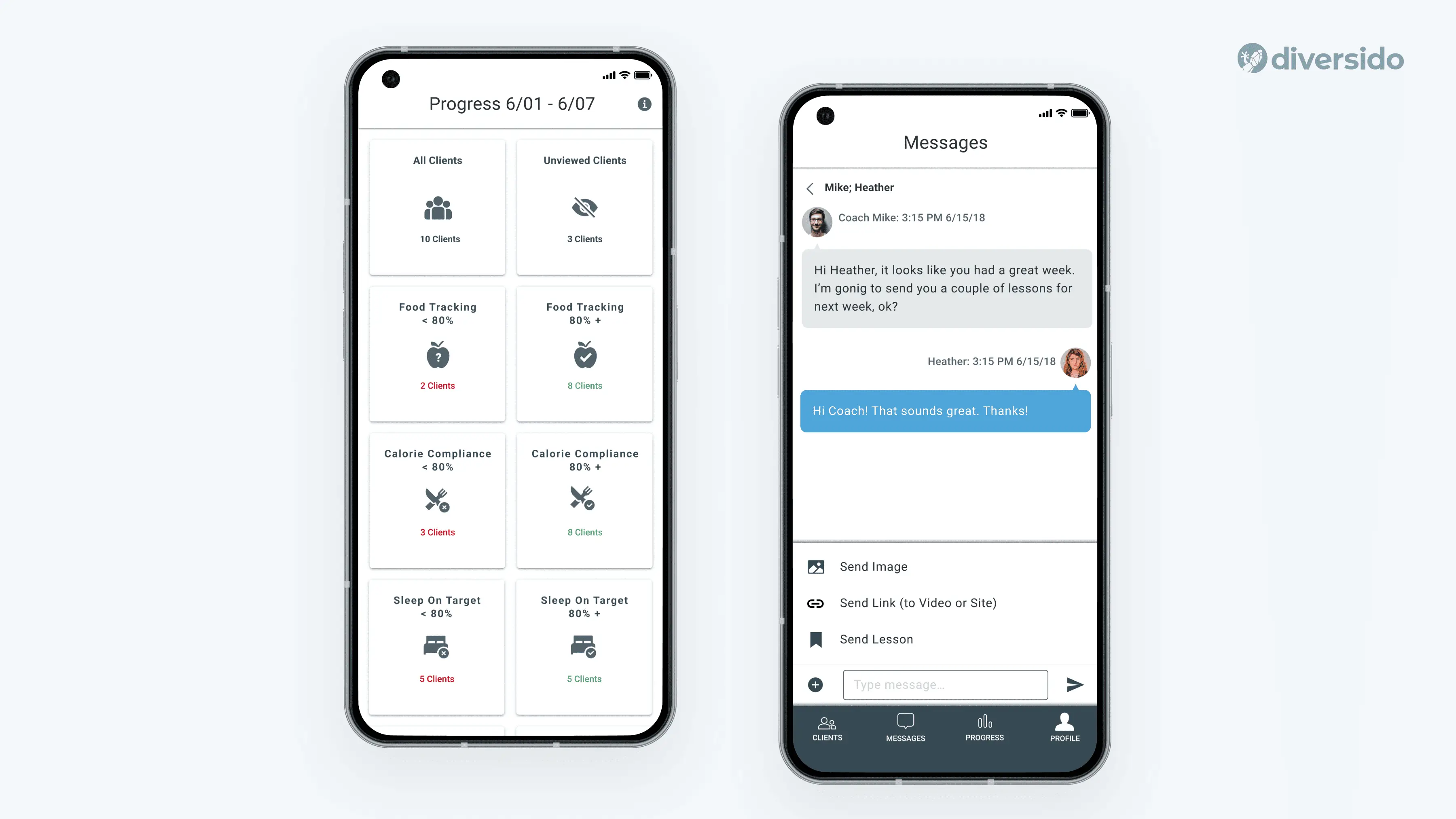 Health Mentor app dashboard with progress tracking and messaging screens, using functional icons and human-centered visuals.
