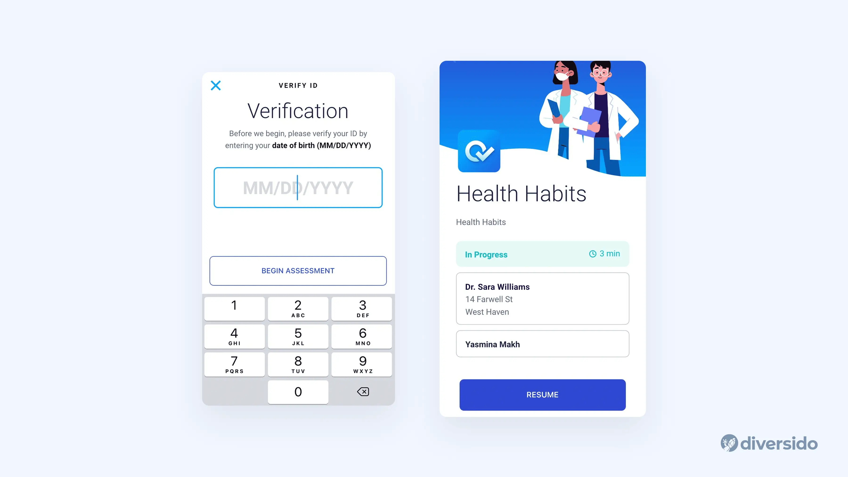 Mobile UI screens showing identity verification and patient progress in a health tracking app, designed with clear CTAs and illustrated visuals for user trust.