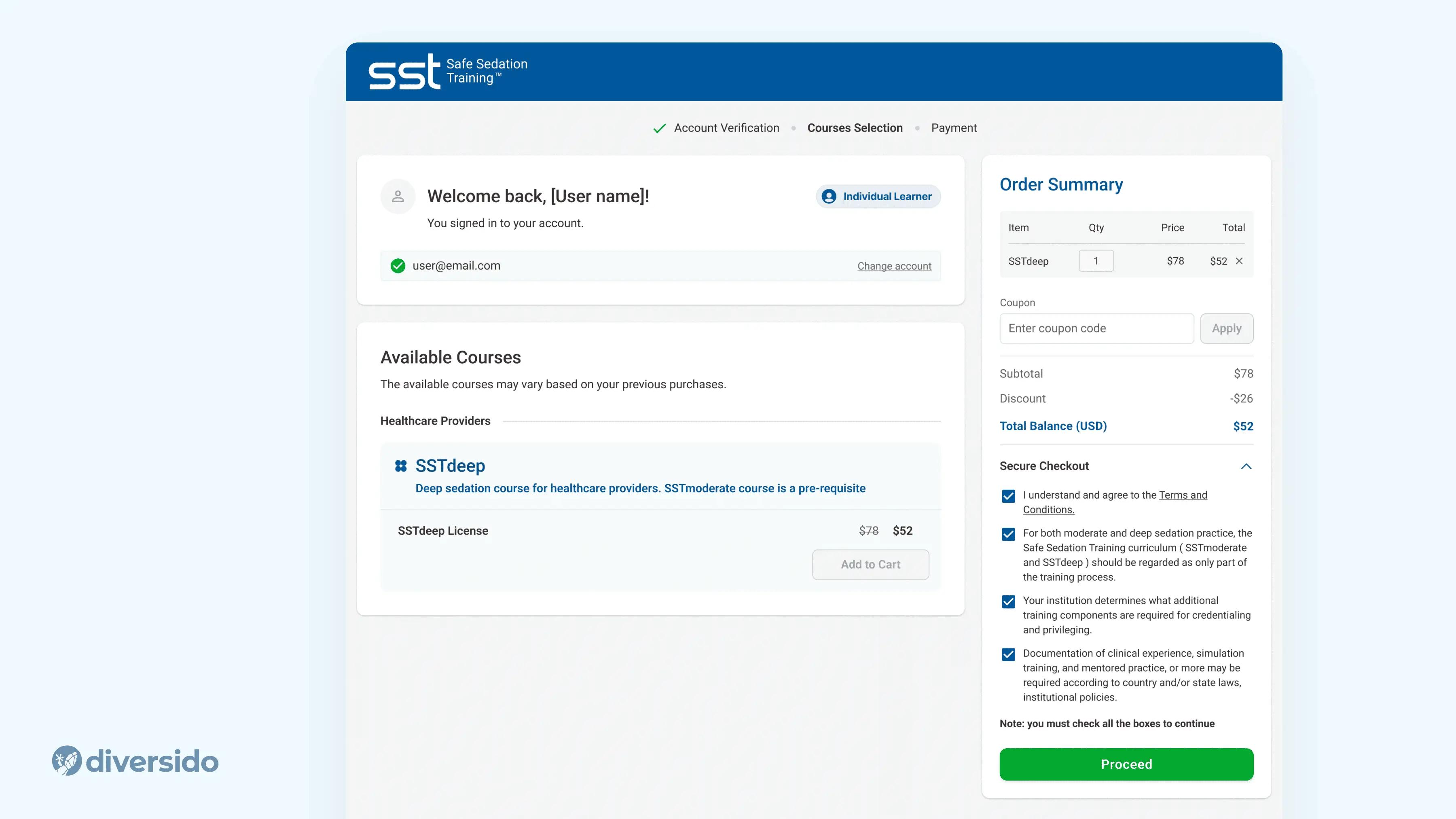Course selection and secure checkout screen from Safe Sedation Training platform, emphasizing privacy, consent, and compliance with medical standards.