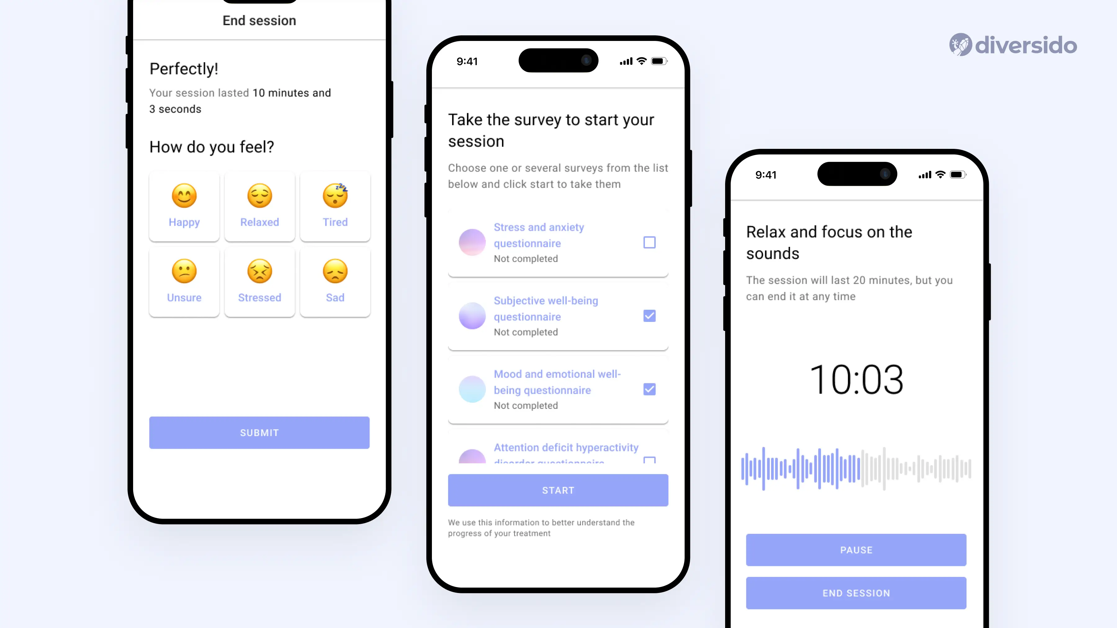 MindLoop mobile app screens by Diversido showing emotion-based feedback and wellbeing surveys, designed with soft lavender hues to support mental wellness.