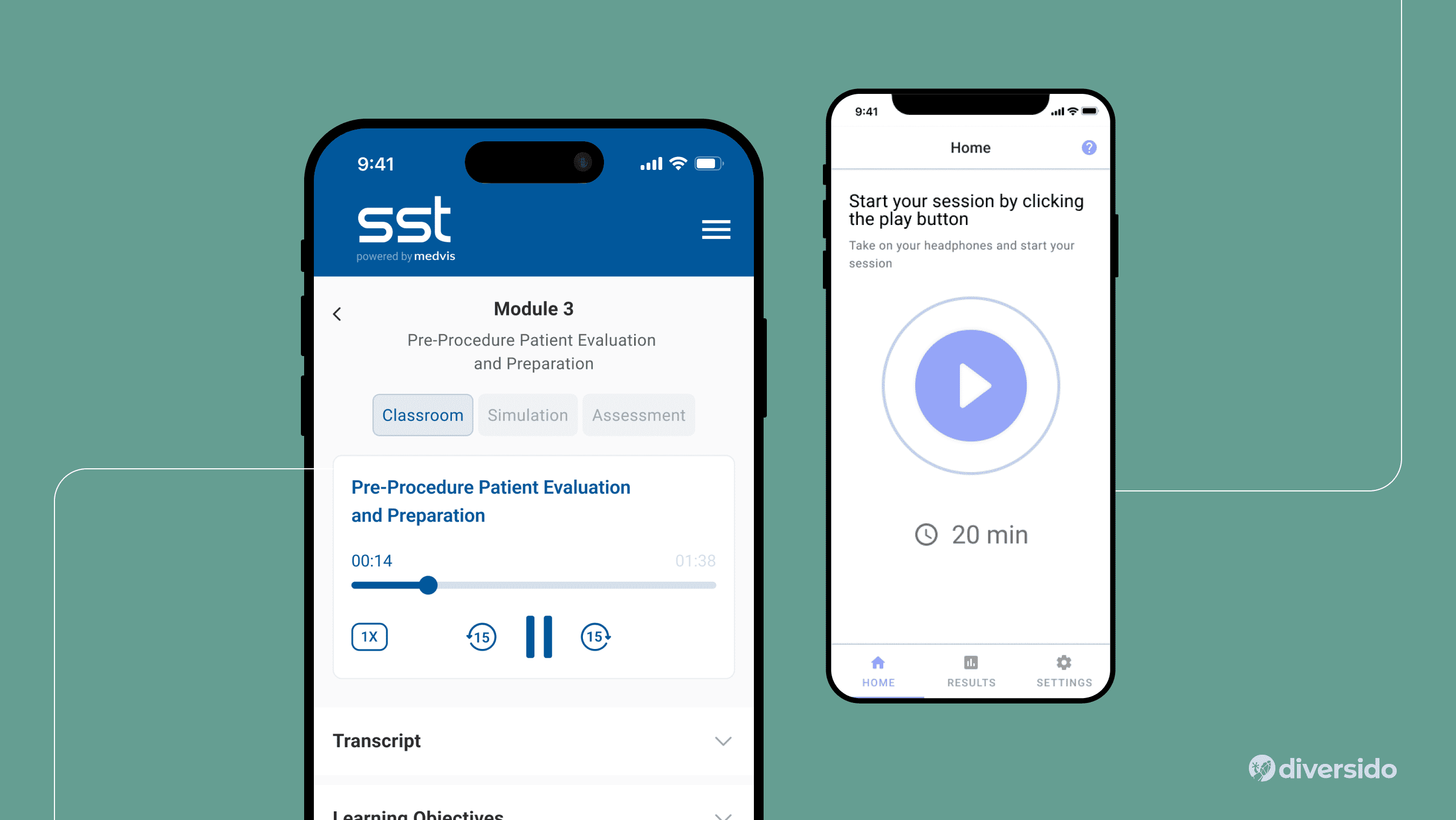 Healthcare mobile app UI with SST learning module and 20-minute meditation timer