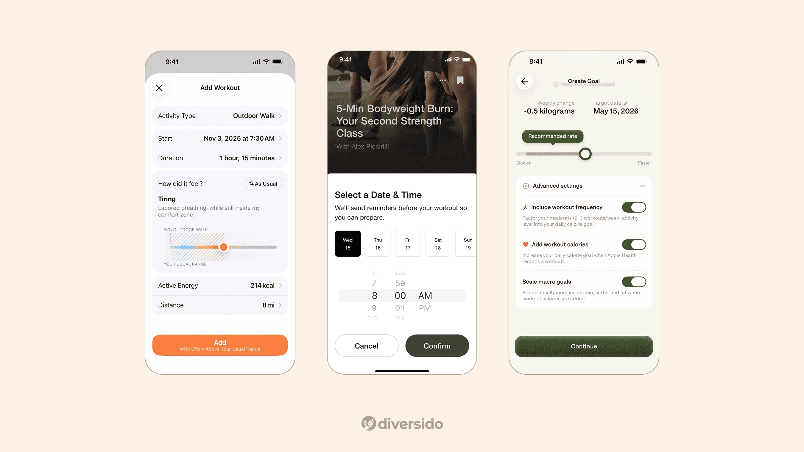 Mobile UI for workout tracking and fitness goal setting in wellness apps