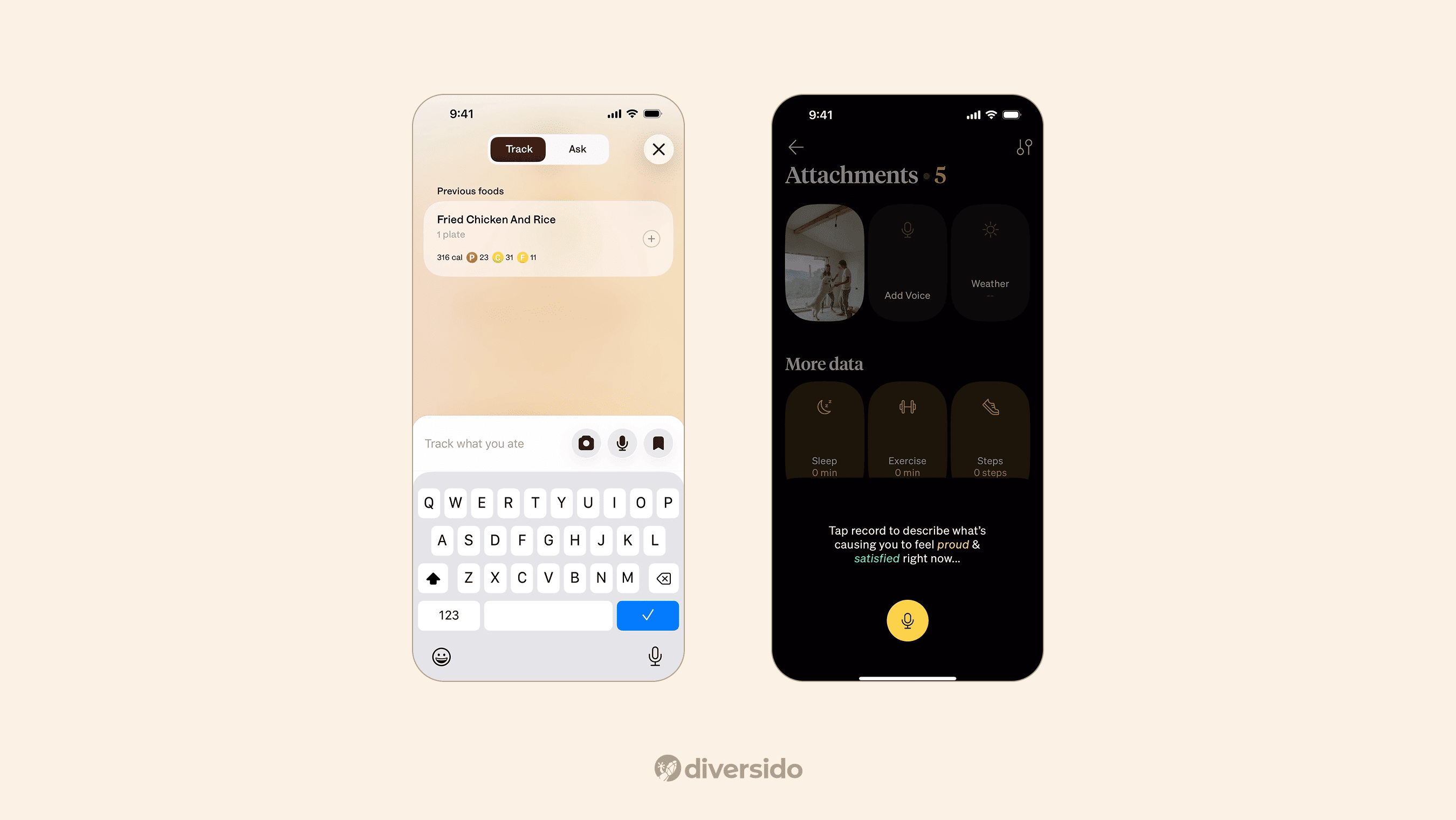 Nutrition tracking and emotion journaling interface in health and wellness app design