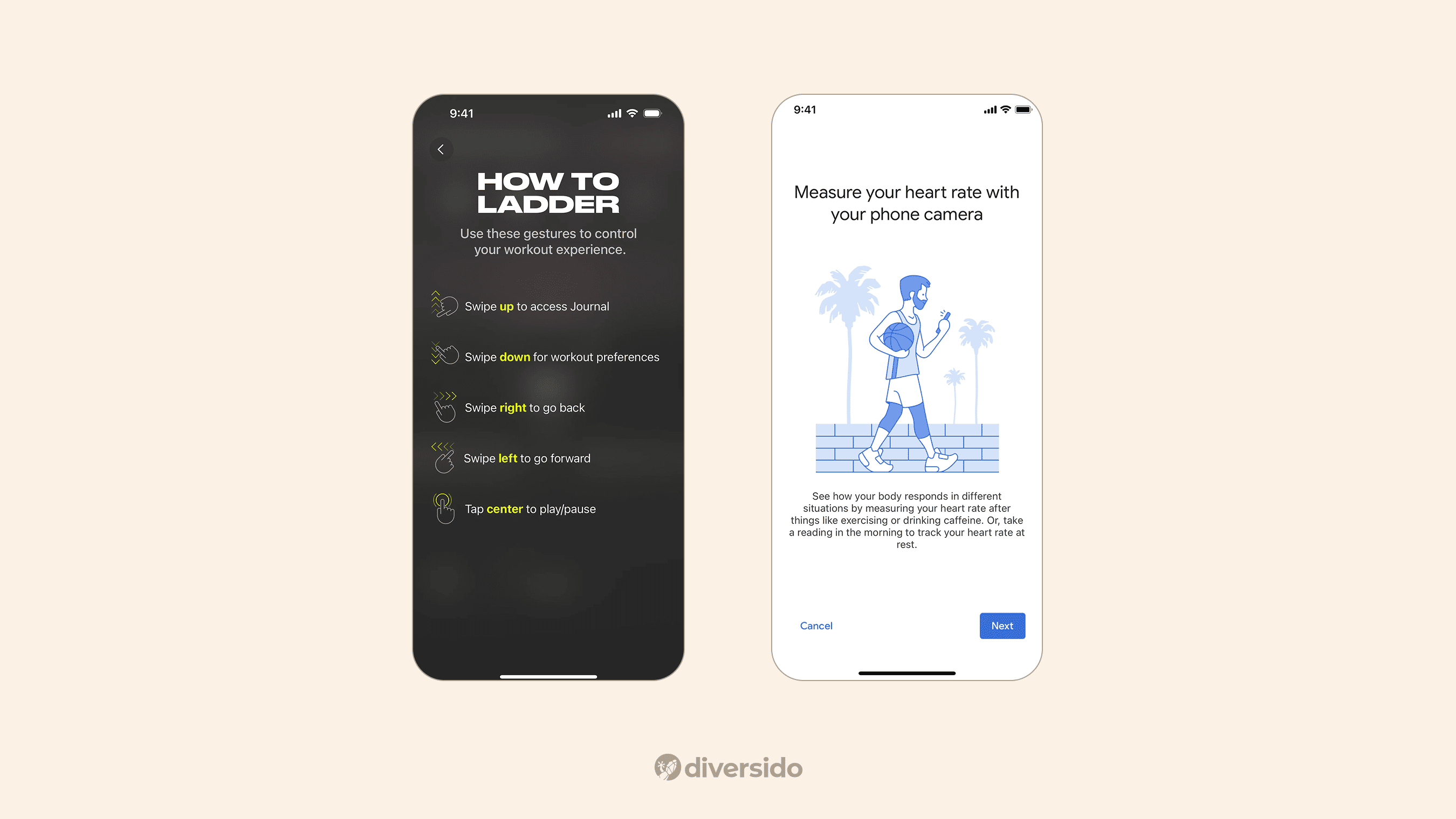Gesture control and heart rate tracking user interface for mobile fitness apps