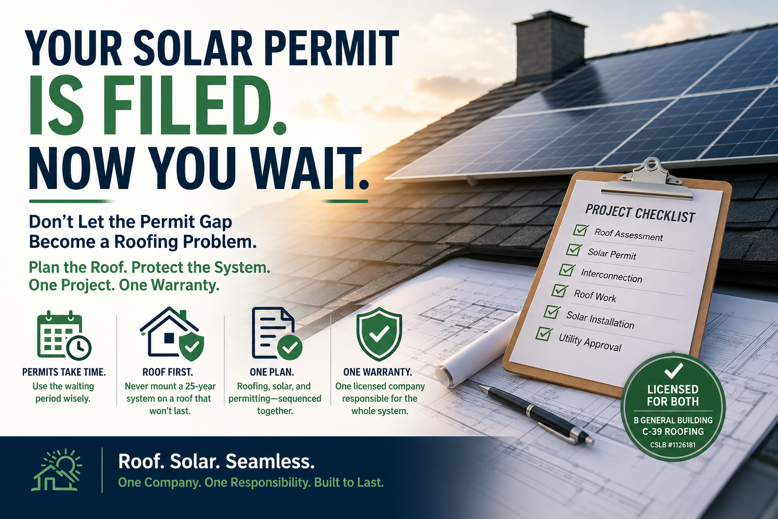 GreenStart graphic tying roofing and solar timelines together, with the line "Solar runs on a schedule. Your roof should be on it."