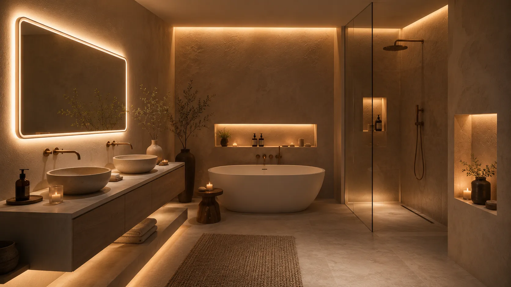 Badezimmer mit mehreren warmen Lichtschichten