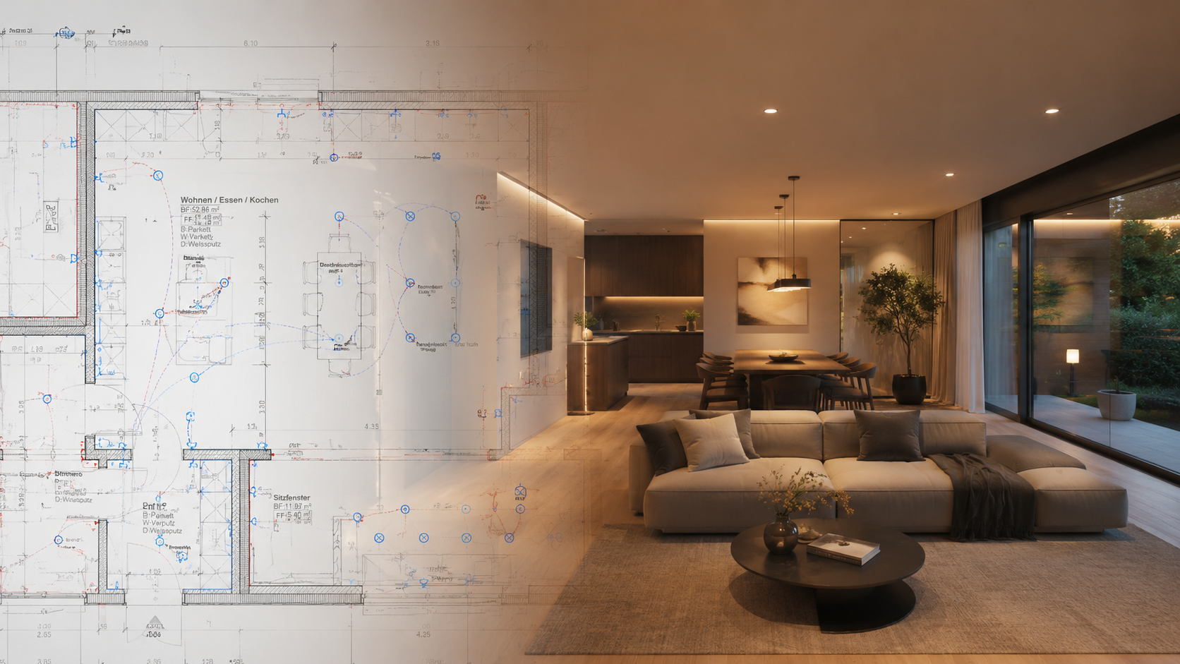 Vom Plan zur Wirkung — links die Grundriss- und Elektroplanung, rechts der fertige Wohnraum im warmen Abendlicht