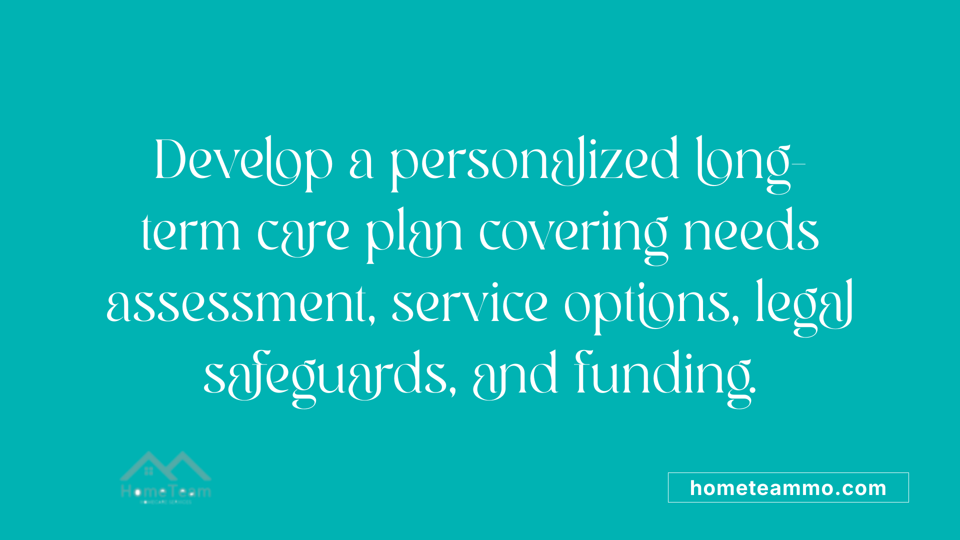 Develop a personalized long-term care plan covering needs assessment, service options, legal safeguards, and funding.