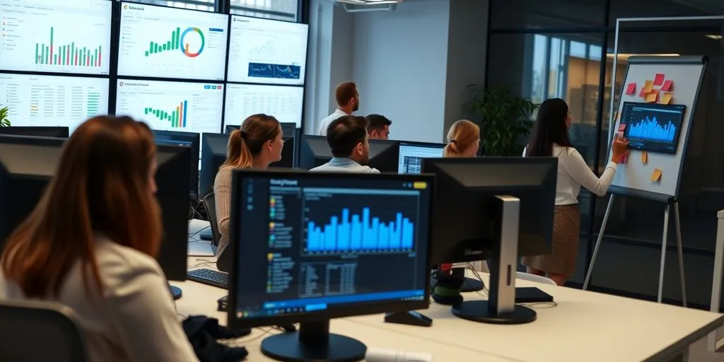 Team collaborating in modern office with project dashboards.