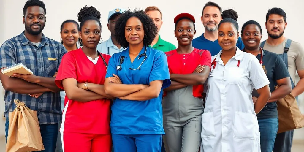 Diverse essential workers standing united.