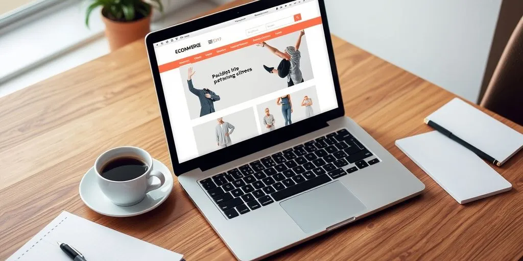 Laptop showing ecommerce site with coffee and notepad