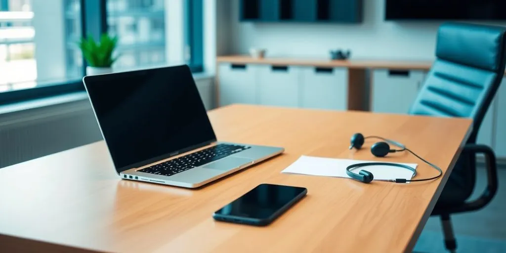 Modern office with laptop and headset