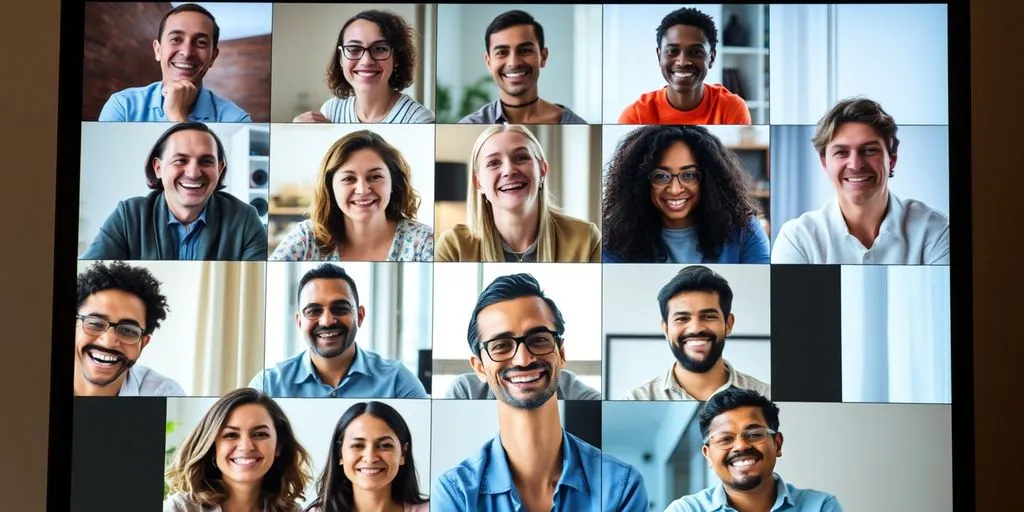 People smiling in a video conference.