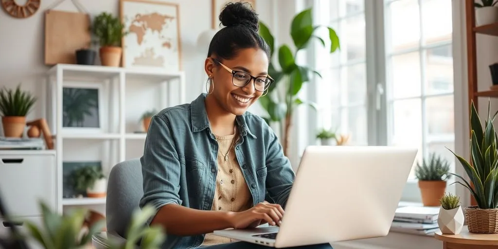 Business owner working on laptop in home office.