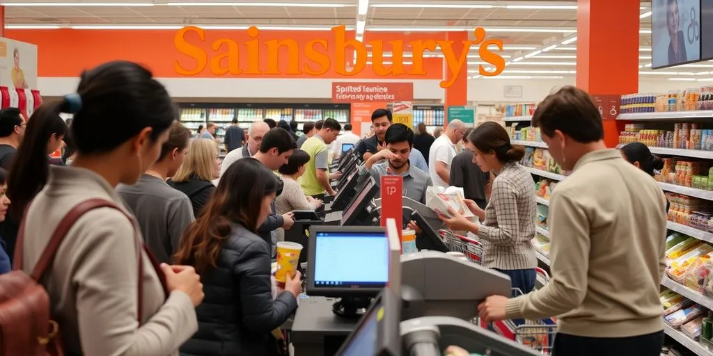 Customers using self-service checkouts at Sainsbury's.
