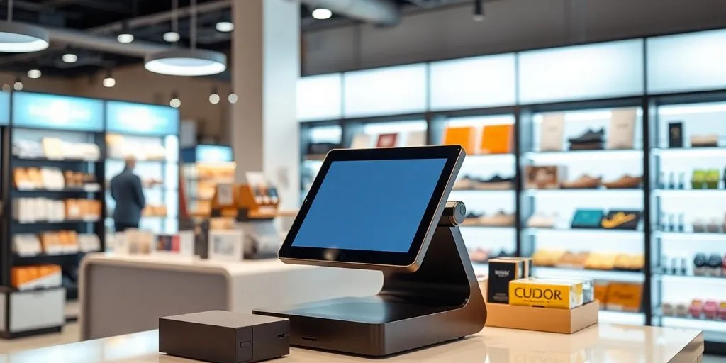 Modern POS terminal in a bright retail environment.