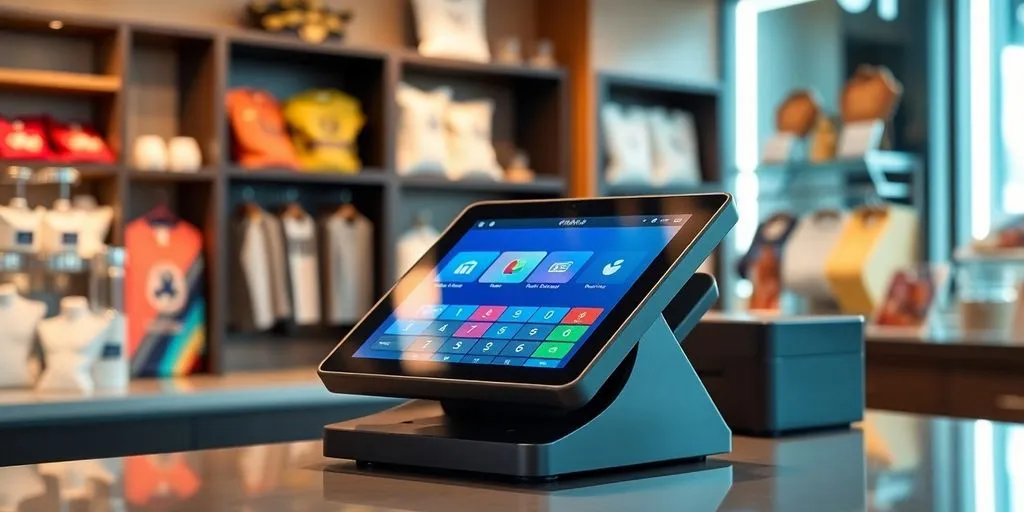 Modern POS terminal on a sleek countertop with retail items.