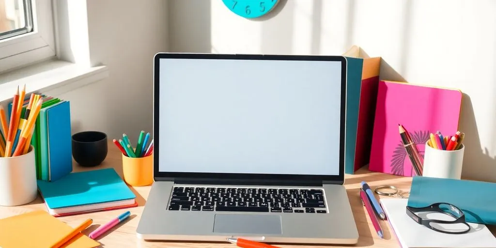 A creative workspace with a laptop and notebooks.