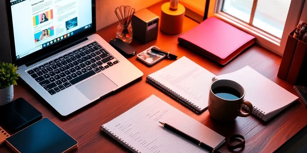 A workspace with a laptop and notebooks.