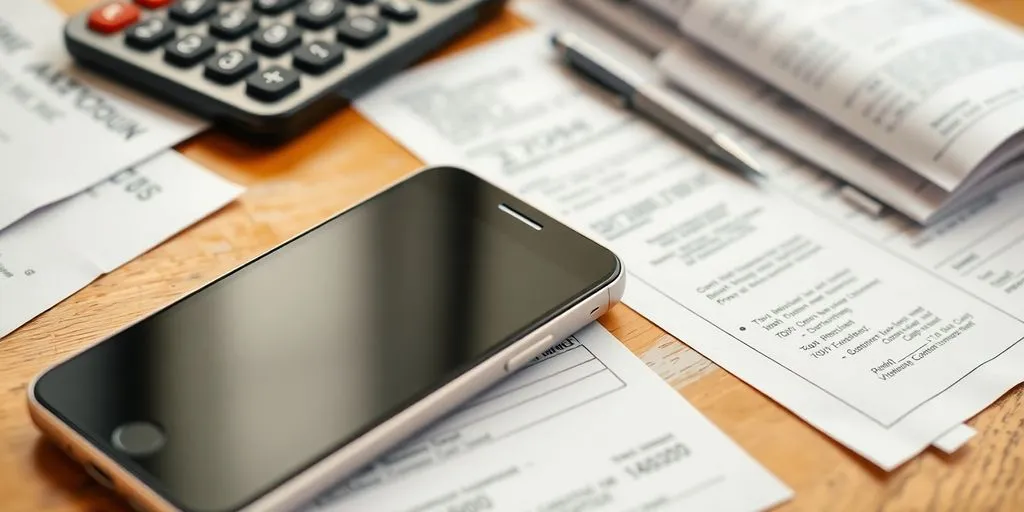 Smartphone with receipts and calculator on a desk.
