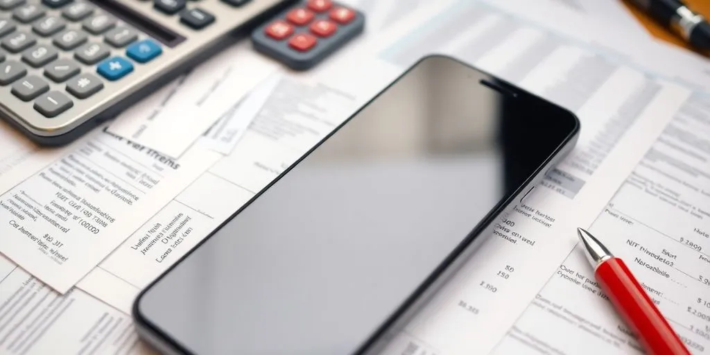 Smartphone with receipts and calculator on a desk.