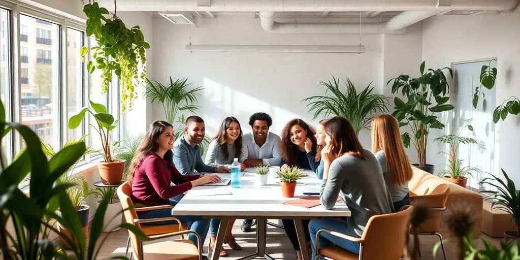 Bright office with plants and happy employees collaborating.