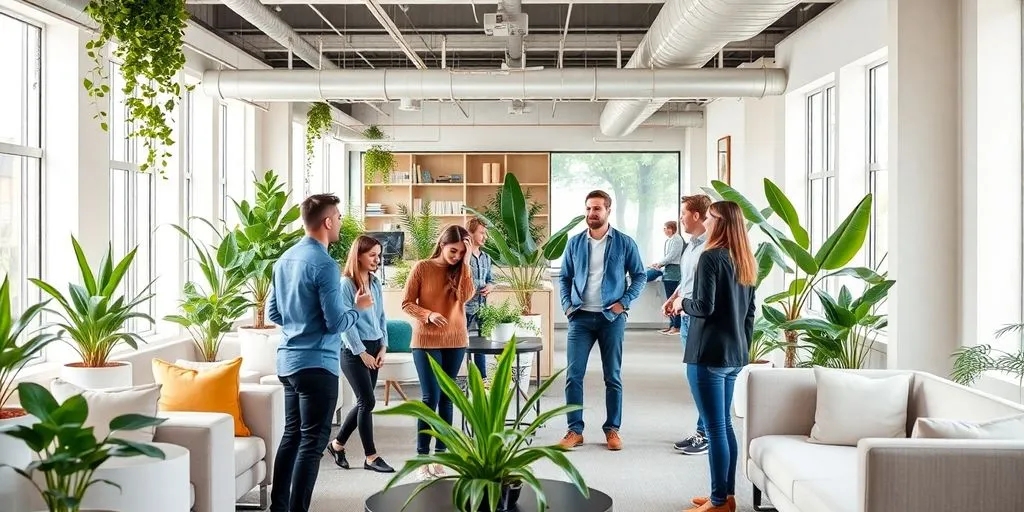 Bright office space with plants and happy employees.