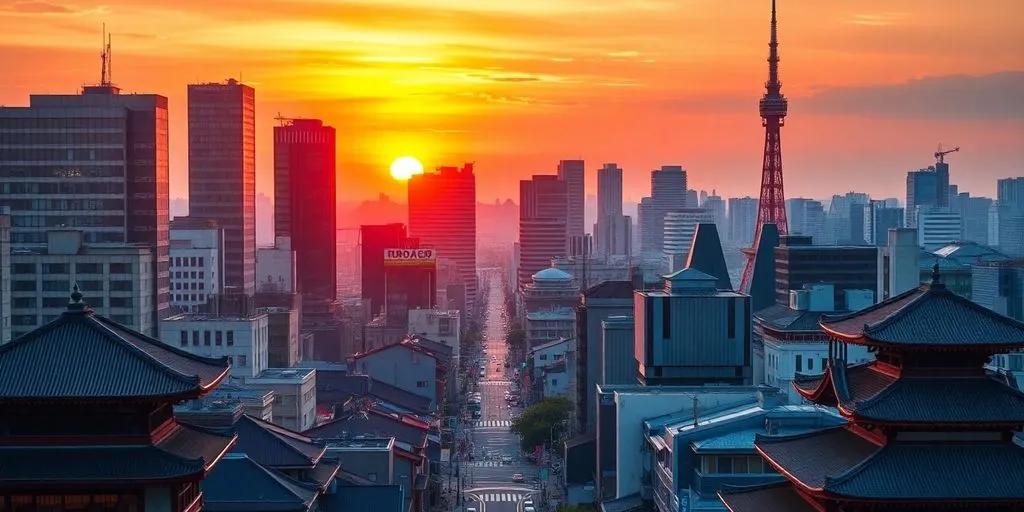 Tokyo skyline at sunset with modern and traditional buildings.