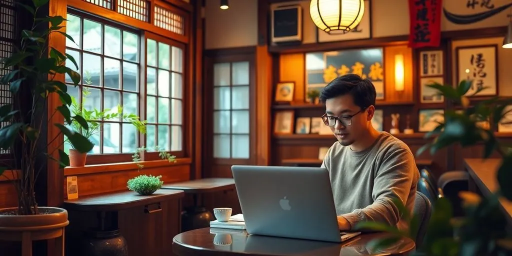 Digital nomad working in a Japanese café.