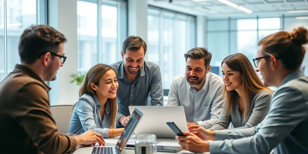 Team collaborating in a modern office with technology.