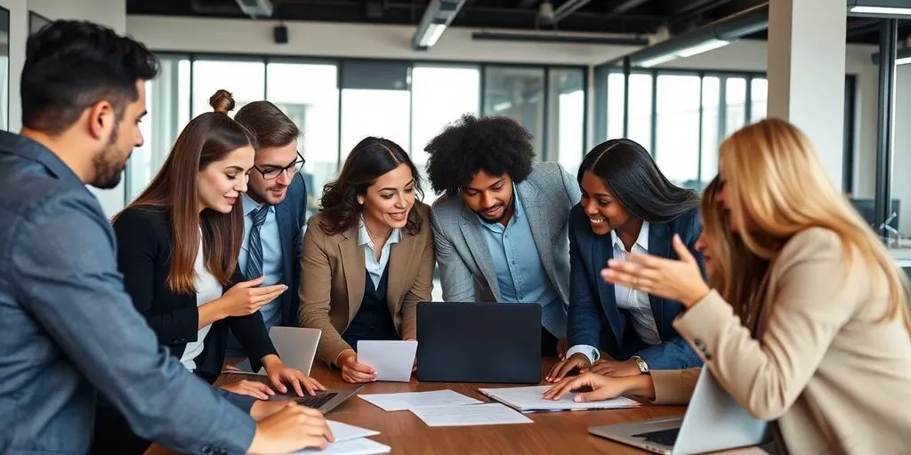 Diverse professionals collaborating in a modern office.