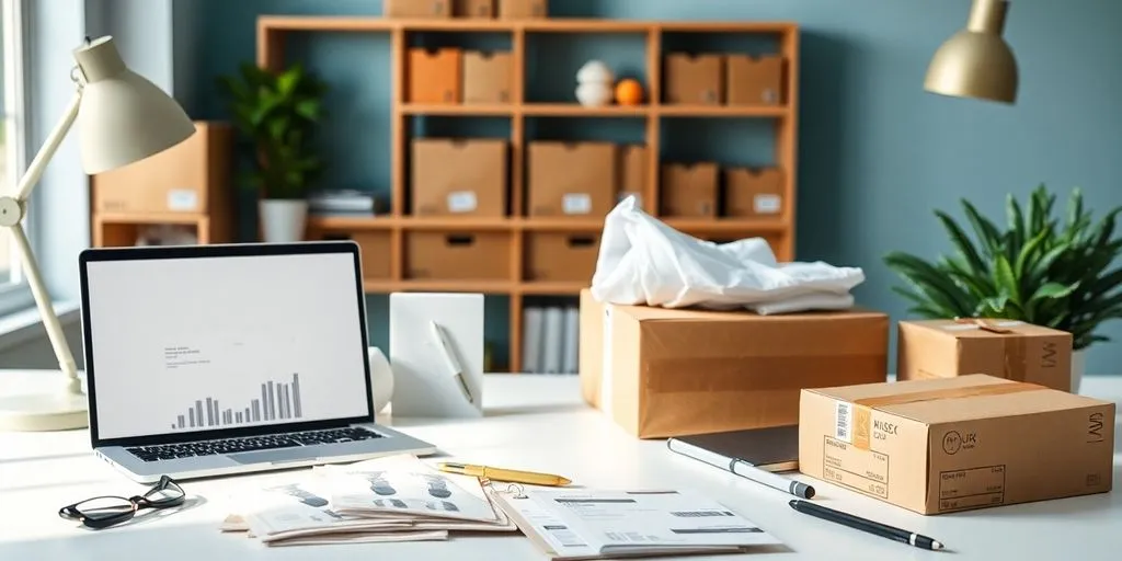 Modern workspace with laptop and shipping materials.