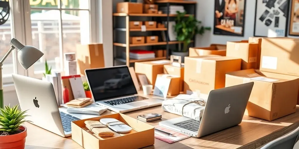 A workspace with a laptop and product samples.