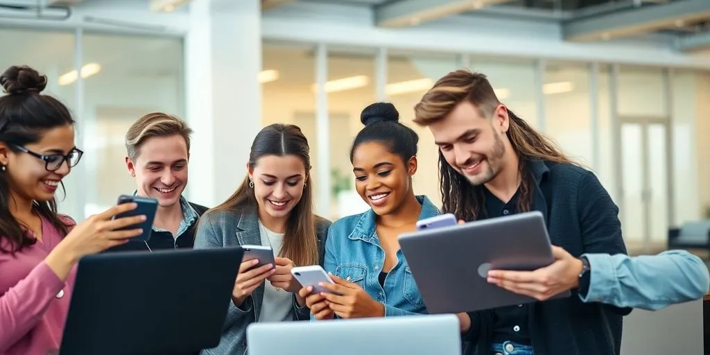 Young adults using technology in a modern workspace.