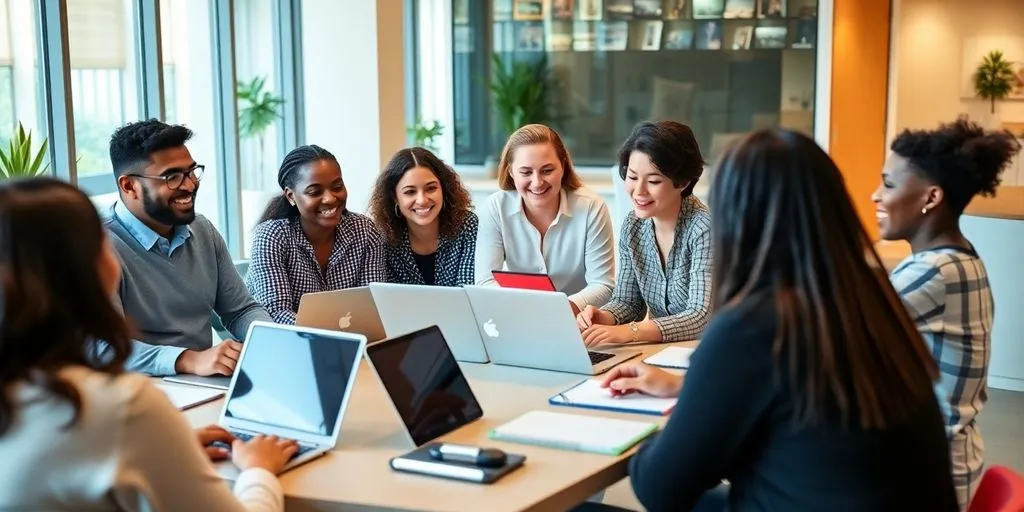 Group of professionals discussing flexible work options.
