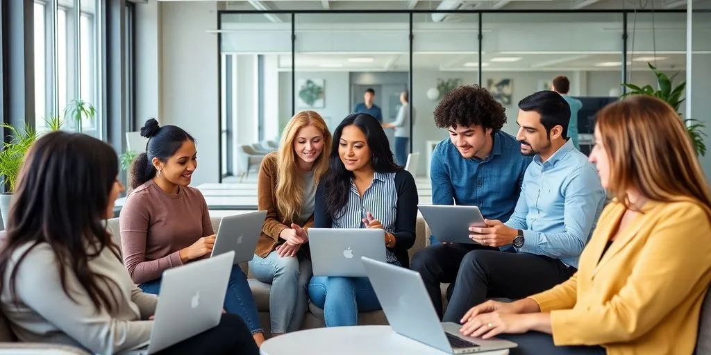 Diverse professionals collaborating in a flexible office environment.
