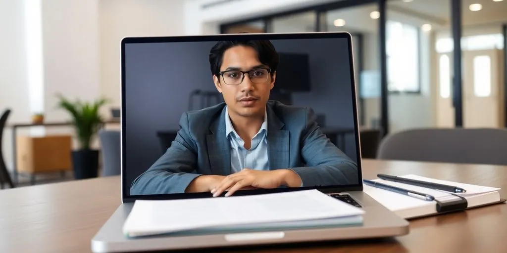 Person in video call, looking focused and assertive.