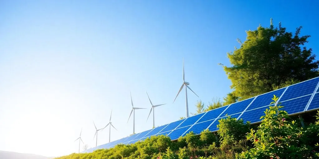 Lush landscape with greenery, solar panels, and wind turbines.