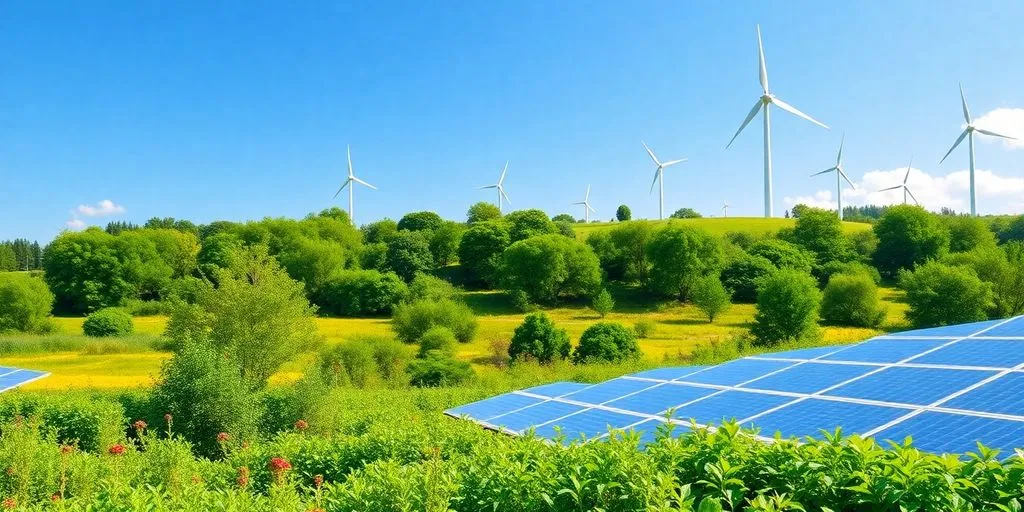 Lush green landscape with solar panels and wind turbines.