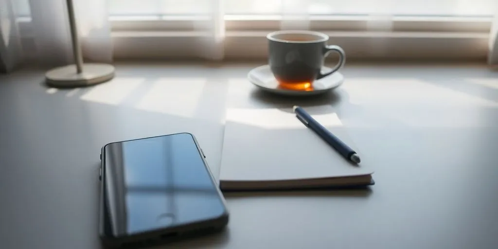 Calm workspace with turned-off smartphone and tea.