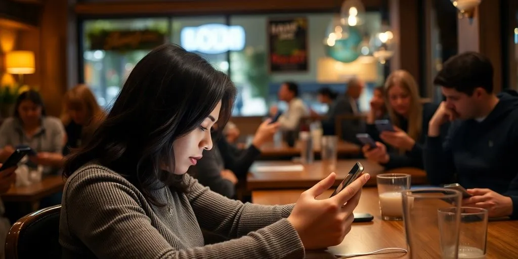 Person using smartphone in a busy café setting.
