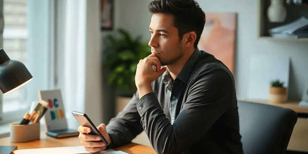 Person with smartphone at a serene workspace.