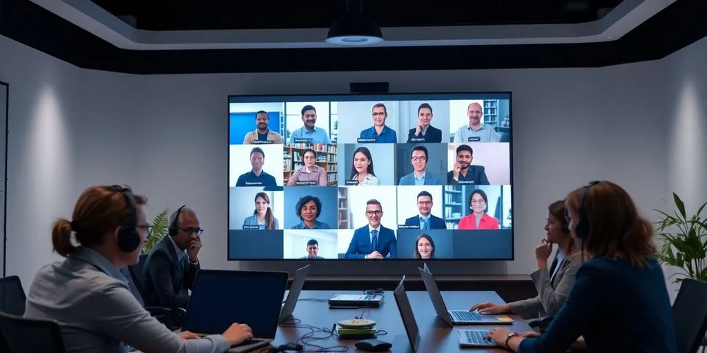 People in a video conference with laptops and headsets.